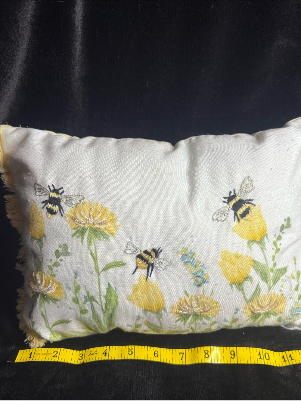 Yellow Floral & Bumblebee beaded Decorative Pillow small